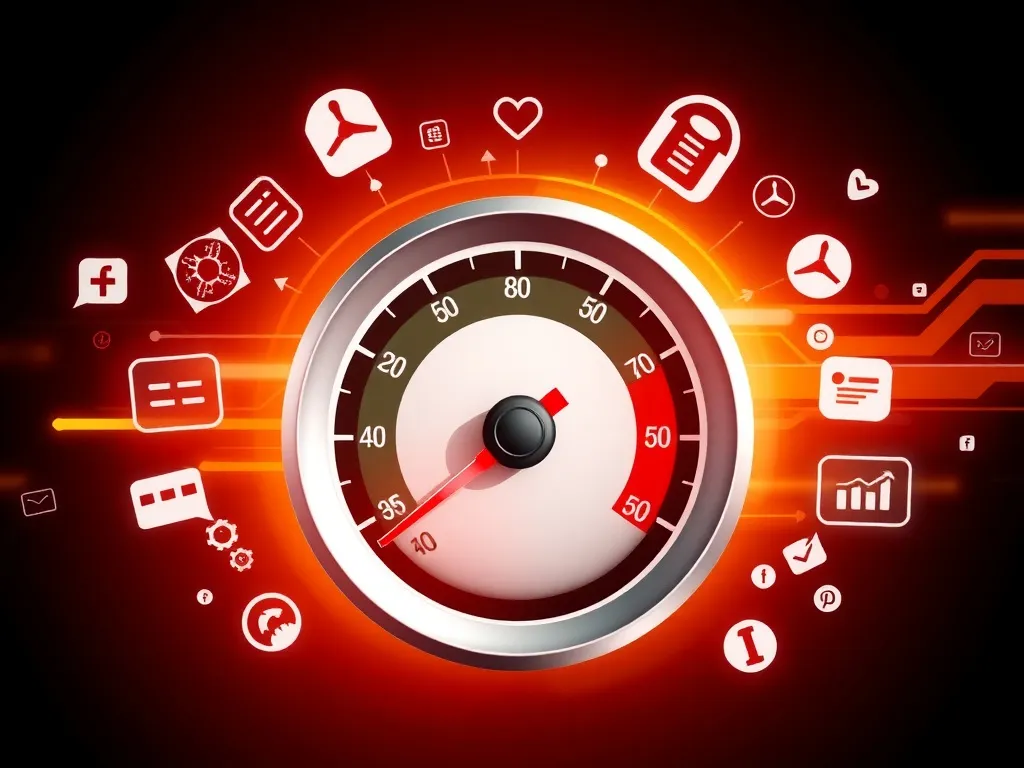 Conceptual image of a fast-loading website, represented by a speedometer with a needle pointing to high speed, surrounded by digital symbols and fast-loading graphics, dynamic composition