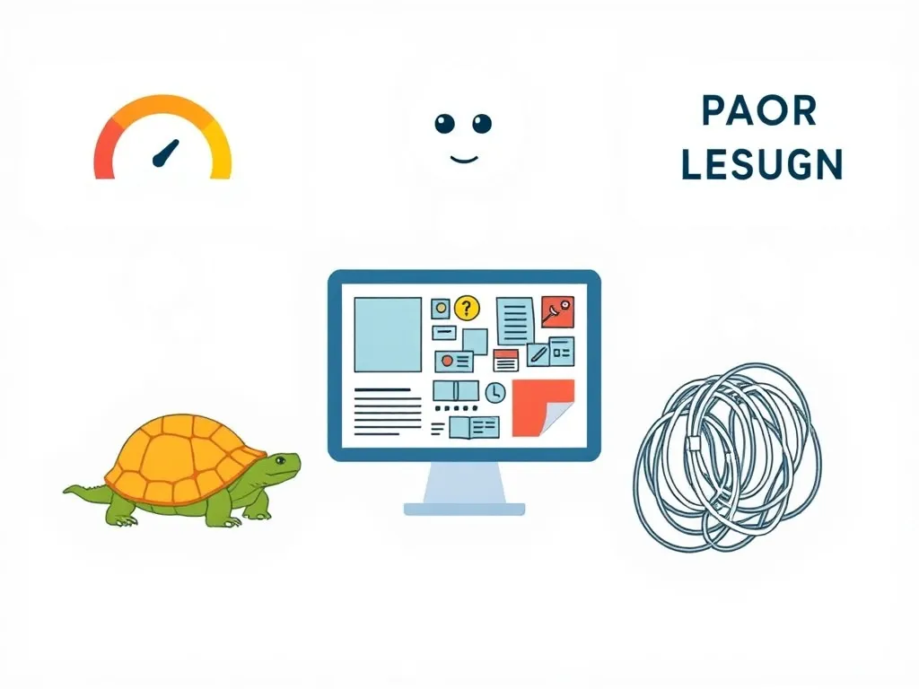 Illustration of common website mistakes such as slow loading speed, cluttered content, and poor design, represented by icons of tortoises, confused faces, and tangled wires, engaging and informative