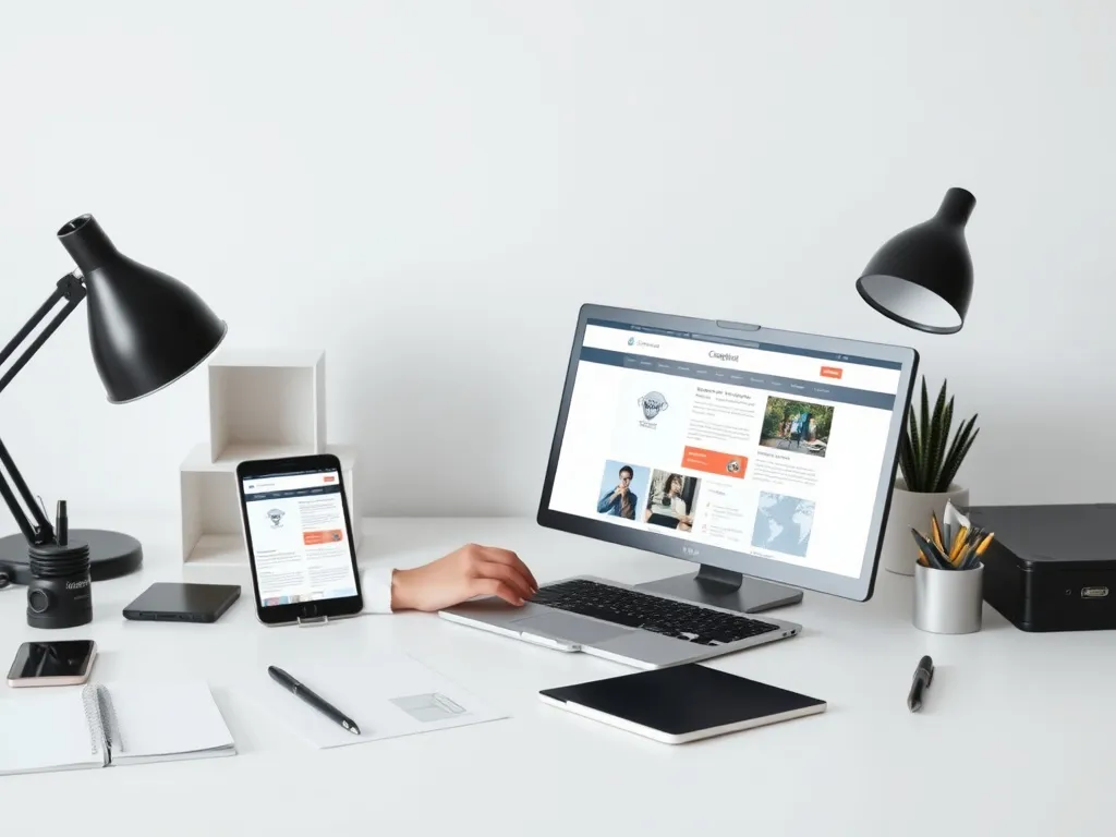 Designer working on a responsive website design, various devices on desk