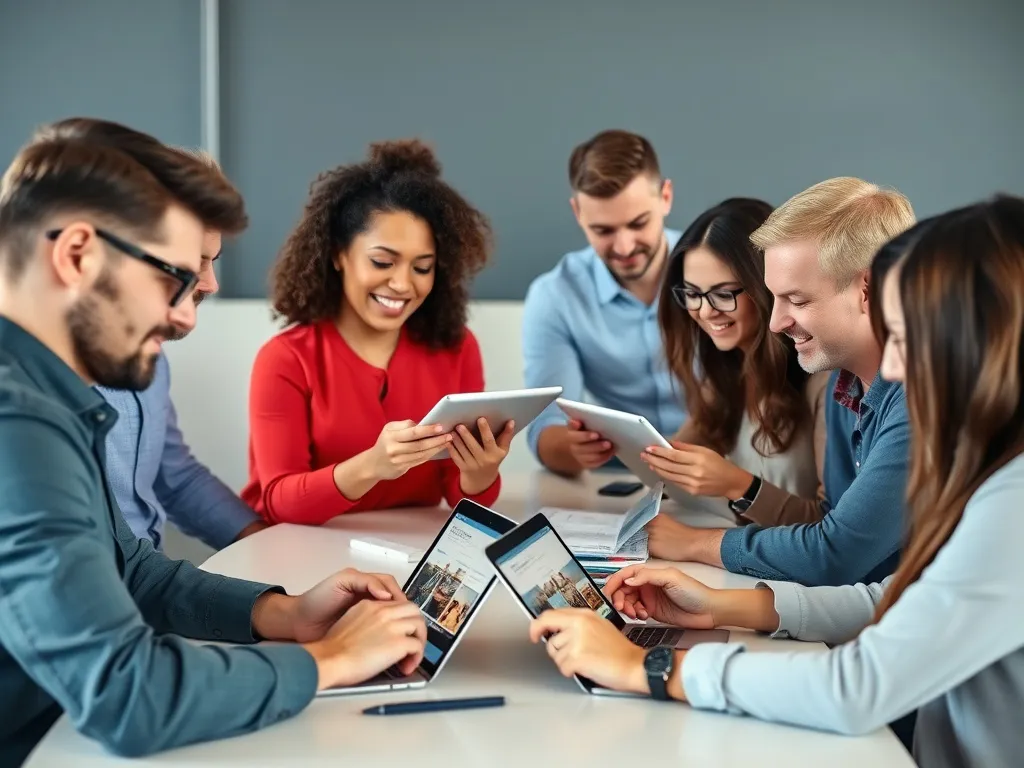 Diverse people using laptops and tablets, selecting WordPress themes, professional setting