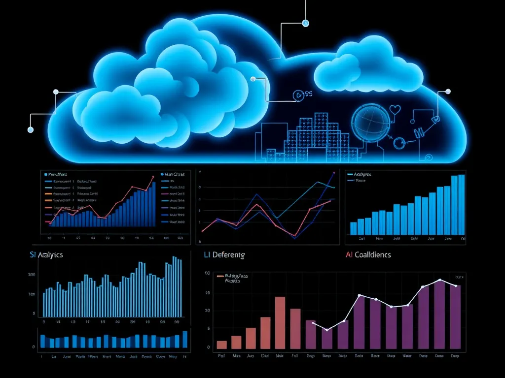 Digital cloud computing and AI analytics improving website search engine performance, including visual charts and graphs