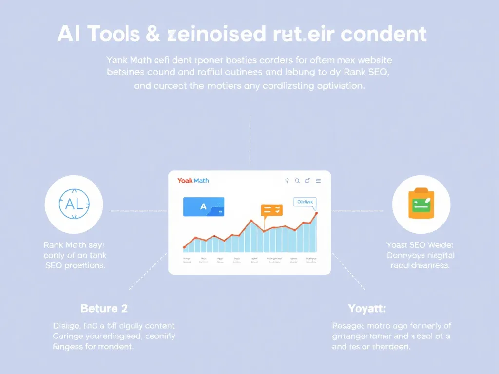 Graphical representation of AI tools like Rank Math and Yoast SEO optimizing website content, showing digital analytics and keyword optimization, clean modern interface