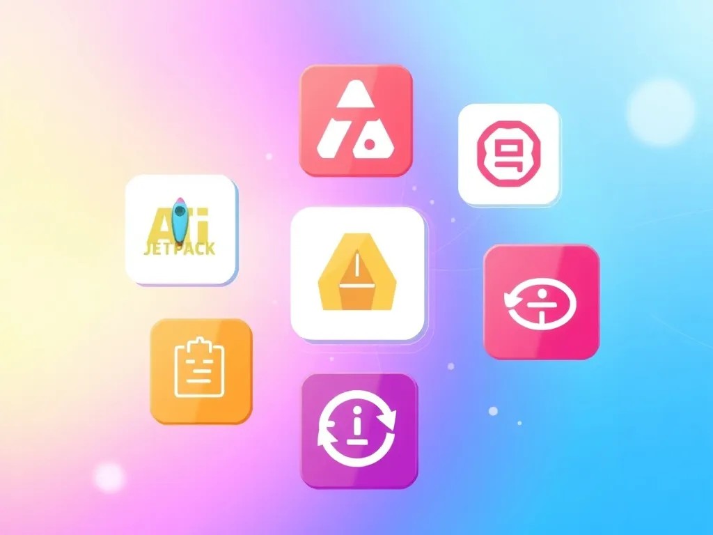 Artistic visual showing various AI tools icons like Jetpack and Elementor in a digital web context, bright and professional