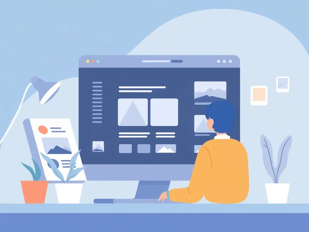 Digital illustration of an AI-powered website builder interface, showing a user interacting with design elements in a digital workspace