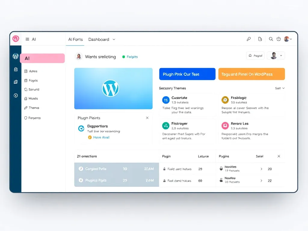 High-quality depiction of a WordPress dashboard with AI features activated, showing clean UI, WordPress theme, and plugins panel